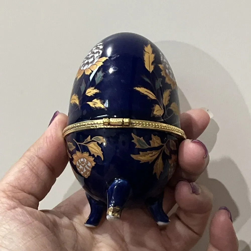 Cobalt Blue Porcelain Egg Trinket Box Footed with Floral Decoration